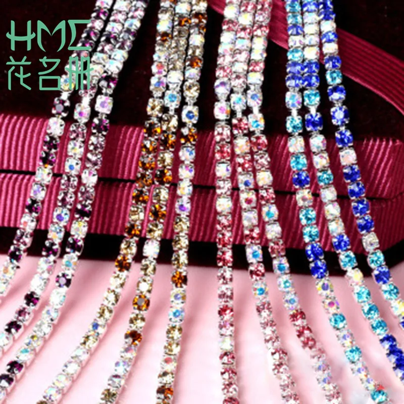 

1Meter 2MM 2.5MM 2.8MM 3MM Rhinestone Chain Trimming For Jewellery Making Mix Color Applique Sew On Rhinestones For Crafts