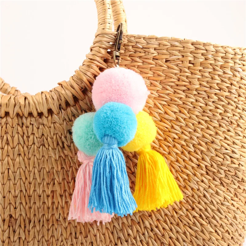 1pc Colorful Boho Big Ball Pom Pom Bag Charms Hanging With Tassel Key