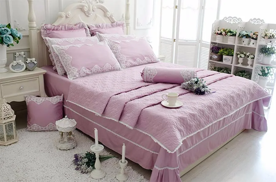 Комплект постельного белья принцессы розового и фиолетового цветов из хлопка с кружевами для девочек, плюшевый хлопковый двойной комплект