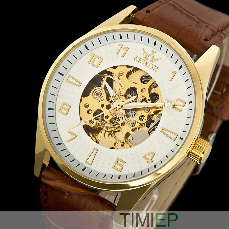 SEWOR золото для мужчин s повседневное аналоговые пары часы мода коричневый кожаный Скелет механические для любителей наручных часов (для