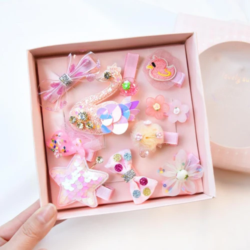 Pink sequin swan 10 шт. новые детские Мультяшные аксессуары для волос набор головных уборов Лебедь кролик животные заколки для волос Принцесса кружевные заколки-короны в подарочной упаковке - Цвет: Pink sequin swan