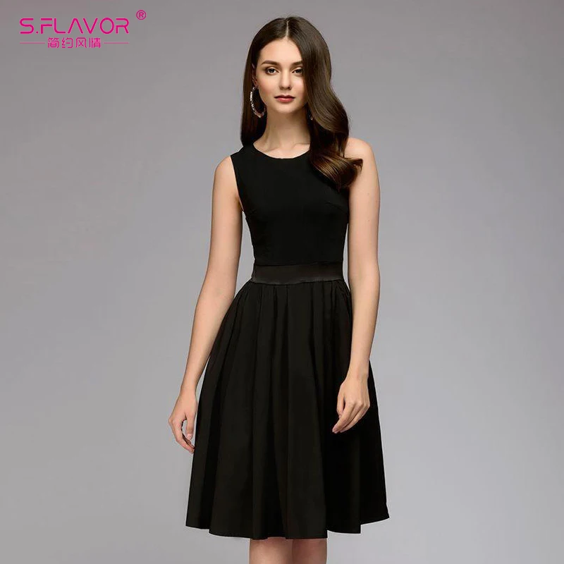 

S.FLAVOR Retro Women Black A-line Dress 2019 Spring Summer Fashion Sleeveless Casual Party Vestidos Elegant Vintage Women Dress