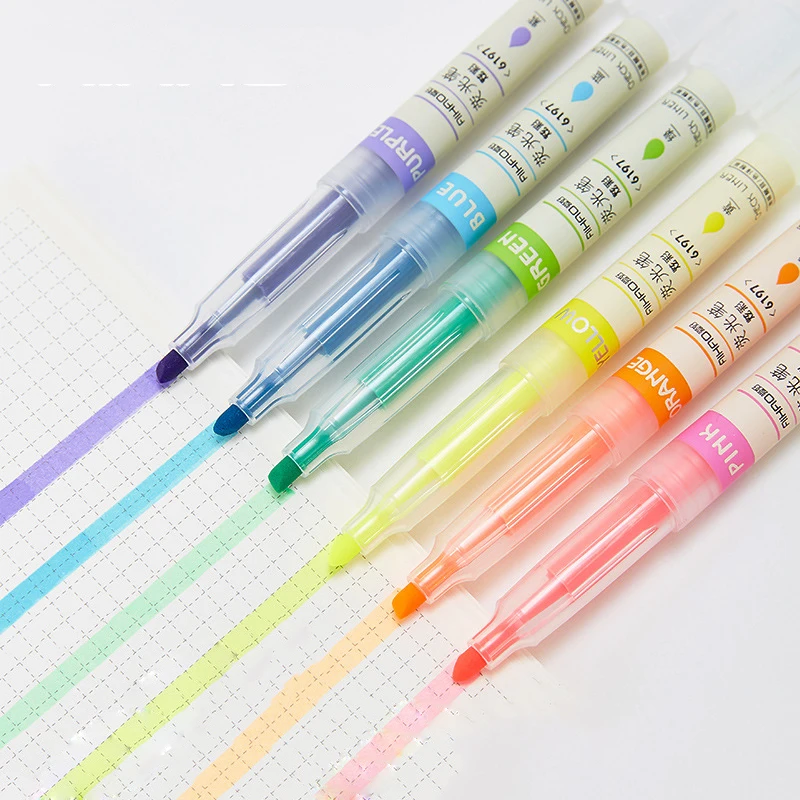 12pcs/set Highlighter Pen Pink Blue Green Yellow Orange Purple Large Capacity Ink Colored Marker Pens School Office Supplies