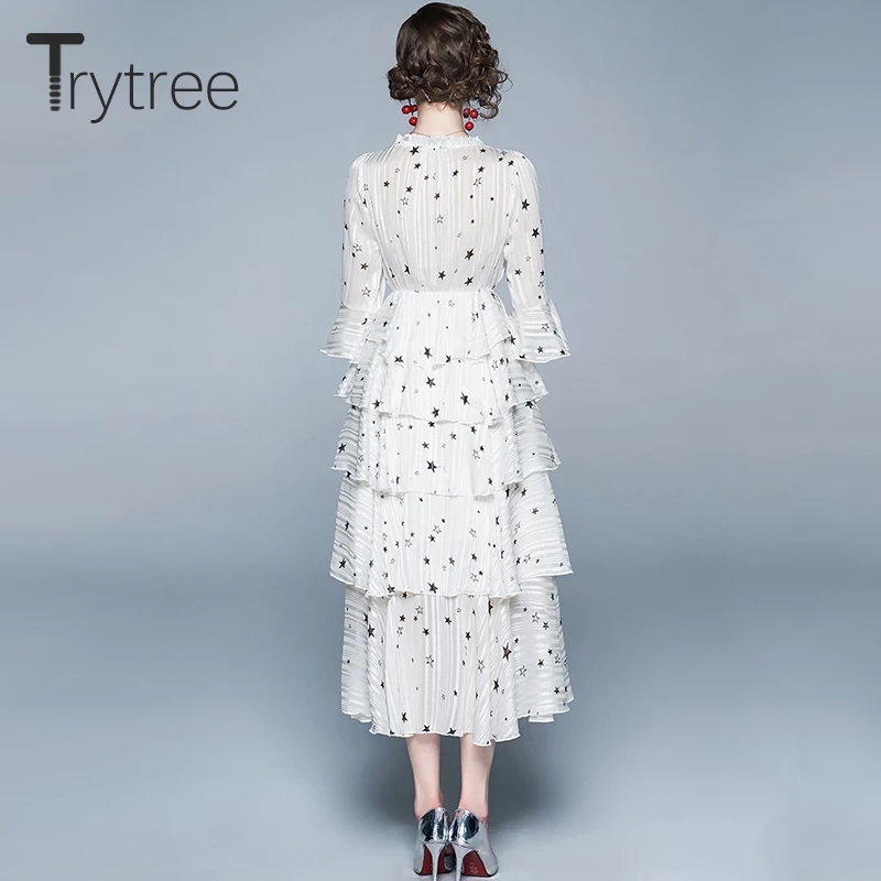 Trytree/летнее женское платье, повседневное, с v-образным вырезом, с каскадными оборками, с рукавом-бабочкой, со звездами, платье-рубашка, ТРАПЕЦИЕВИДНОЕ ПЛАТЬЕ до середины икры, уличное платье