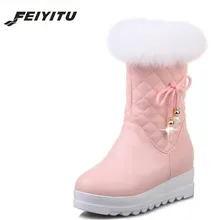 Feiyitu; большие размеры 34-43, новые модели, ; модные теплые ботильоны средней высоты Женские снегоступы круглый носок кожа Теплый пуховик женская зимняя обувь на меху женская зимняя обувь