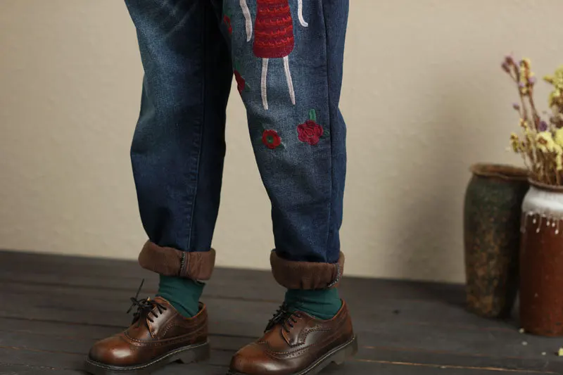 Женские утепленные джинсовые штаны-шаровары с подкладкой из искусственного флиса зимние джинсовые штаны с цветочной вышивкой брюки с эластичным поясом G101703