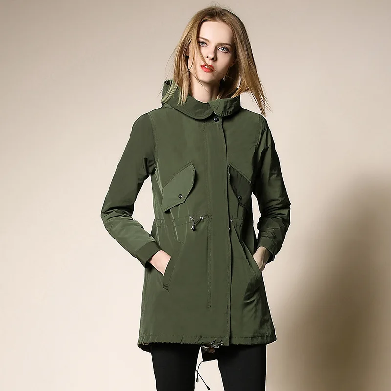 Taille Haute Grande Marque vent Veste Longue Nouveau Coupe kaki 2018 Section Lâche Automne Qualité Army Capuche Printemps Green Burdully Moyen Femmes À OgnqdYw