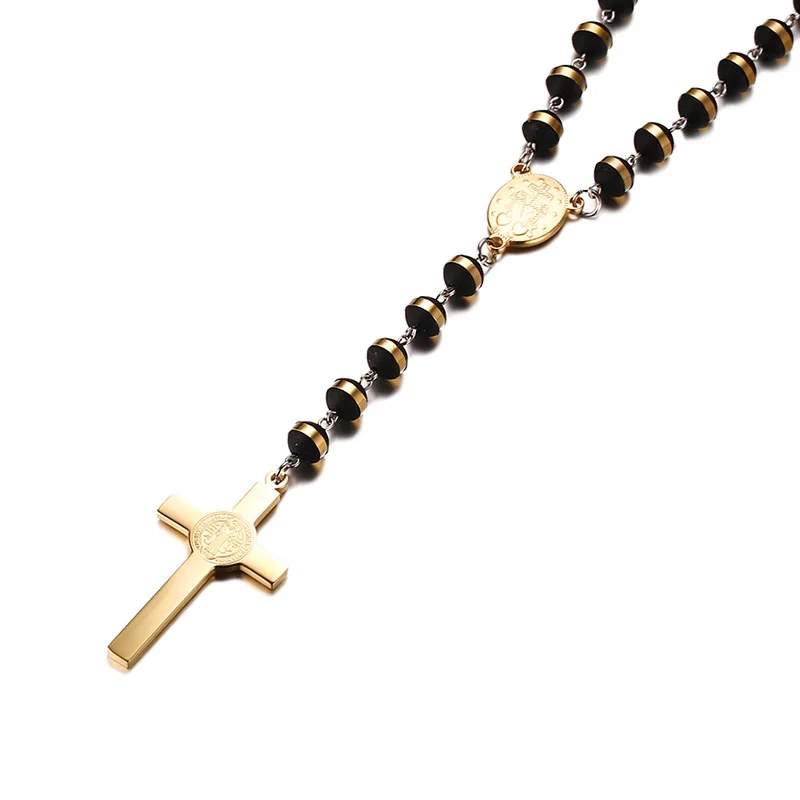 Vnox, черный, золотой цвет, бусины, Длинные четки, ожерелье для женщин и мужчин, нержавеющая сталь, St Benedict, крест, подвеска, свитер, цепь, унисекс