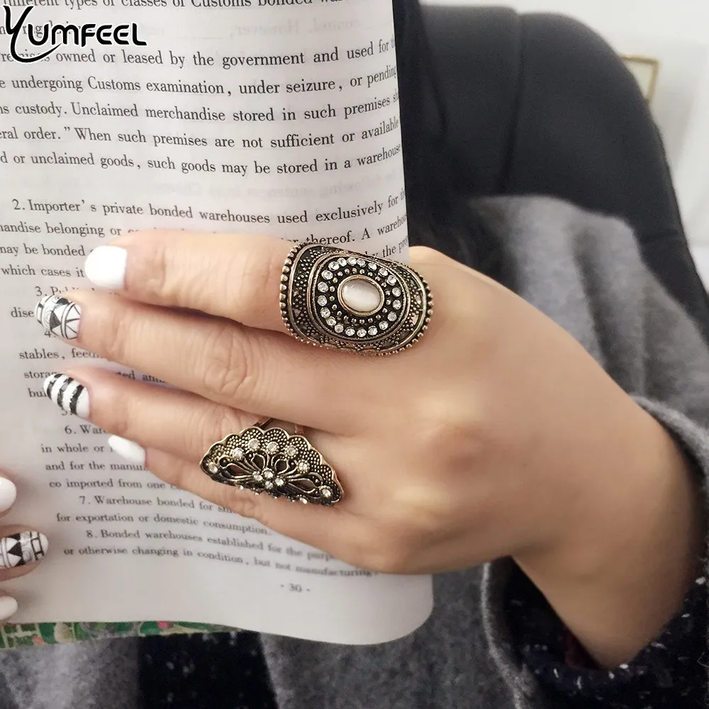 Yumfeel New Vintage Boho Jewelry Rings Metal with Antique Plated Crystal Ring Set for Women