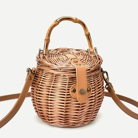Bolsa das Senhoras Bambu Retro Rattan Bolsa Nova Palha Feminina Ombro Mensageiro Temperamento Portátil Pequeno Redondo