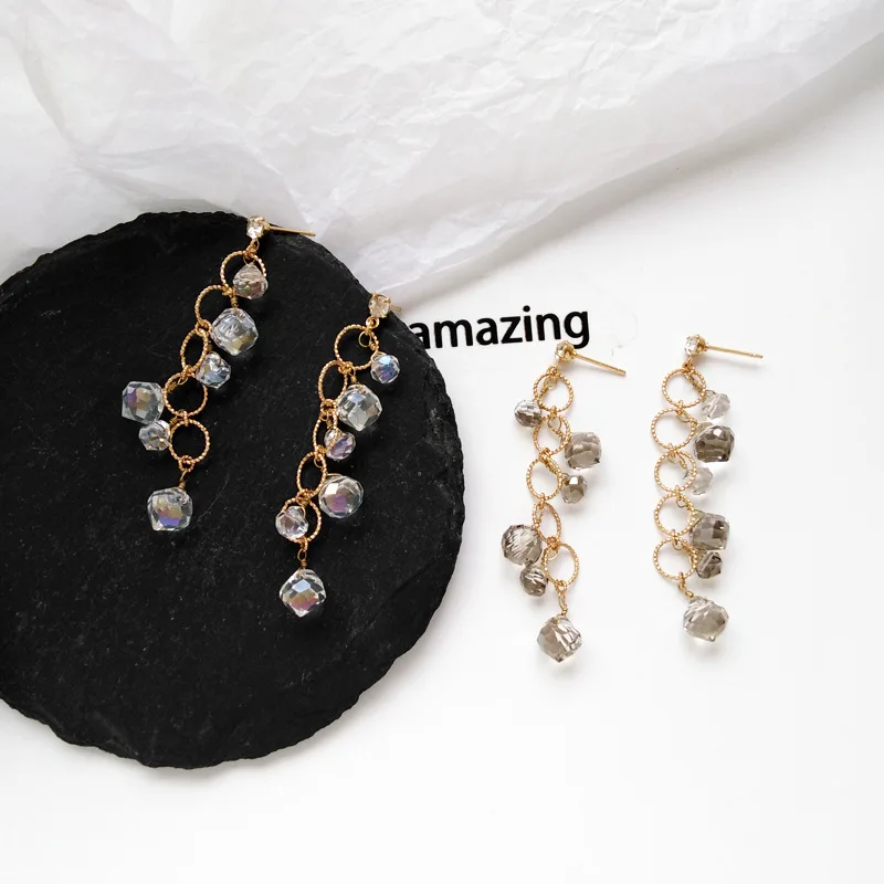 

Geometric Black Crystal Beads Long Non Piercing Earring Simple Shiny Tassel Clip Earrings