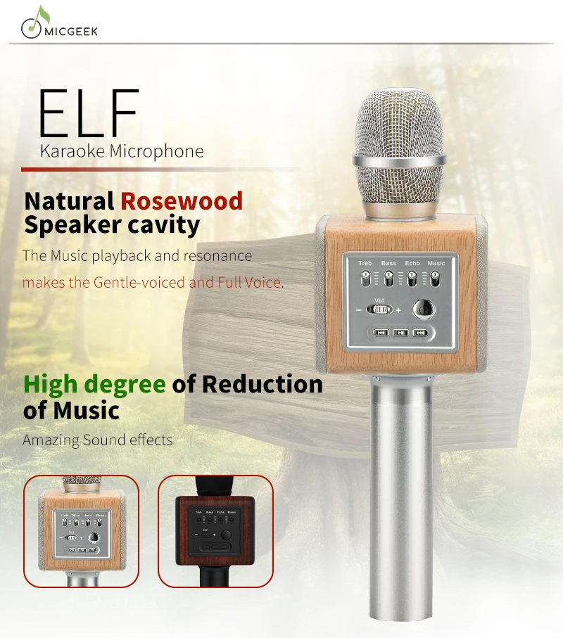 Original brand MicGeek ELF Wireless Karaoke Microphone 2.1 Sound Track Natural Rosewood DSP Chip Voice Speakers Smartphone 1