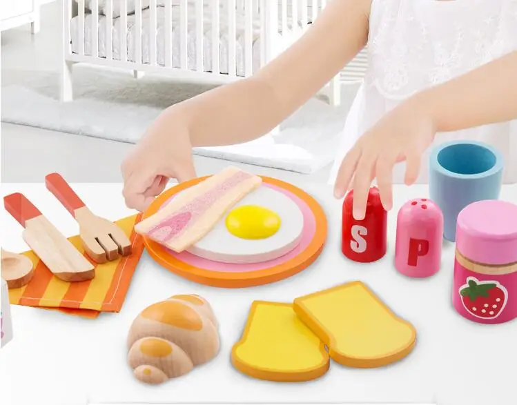 Children Wooden Kitchen Pretend Toys Kids Wooden Breakfast Bread Toys for Baby pretend Play Early Learning Toy Birthday Gift