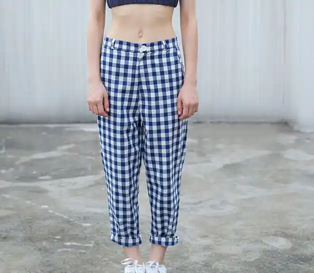 blue and white plaid pants