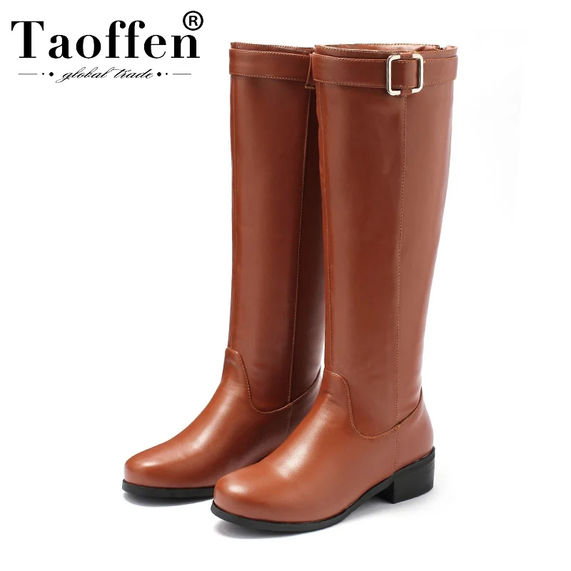

Taoffen New Plus Size 33-46 Women Knee High Boots Zipper Buckle Flats Shoes Pu Leather Round Toe Long Boots Women Footwear