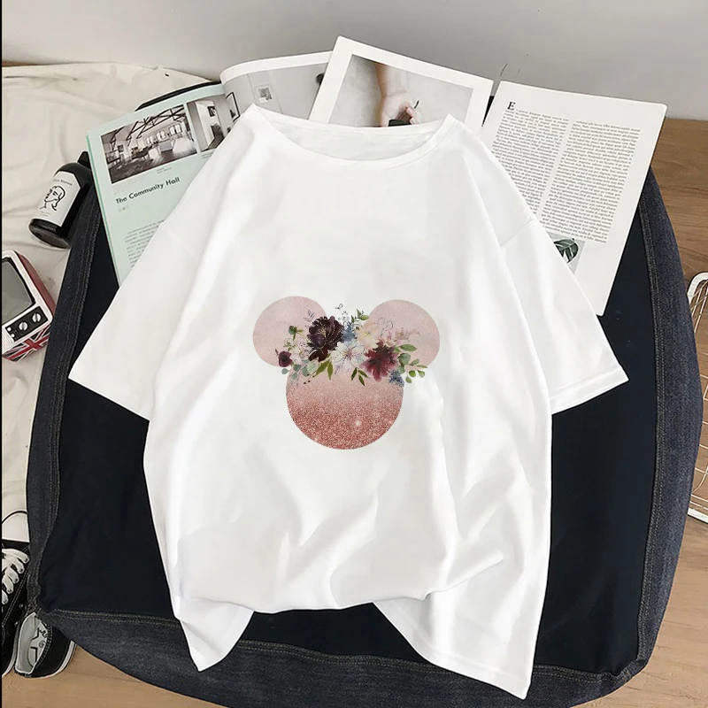Оригинальная одежда, Женская Футболка Harajuku, футболка с цветочным рисунком Микки Мауса, уличная одежда, топы в Корейском стиле, Kawaii Camiseta Mujer