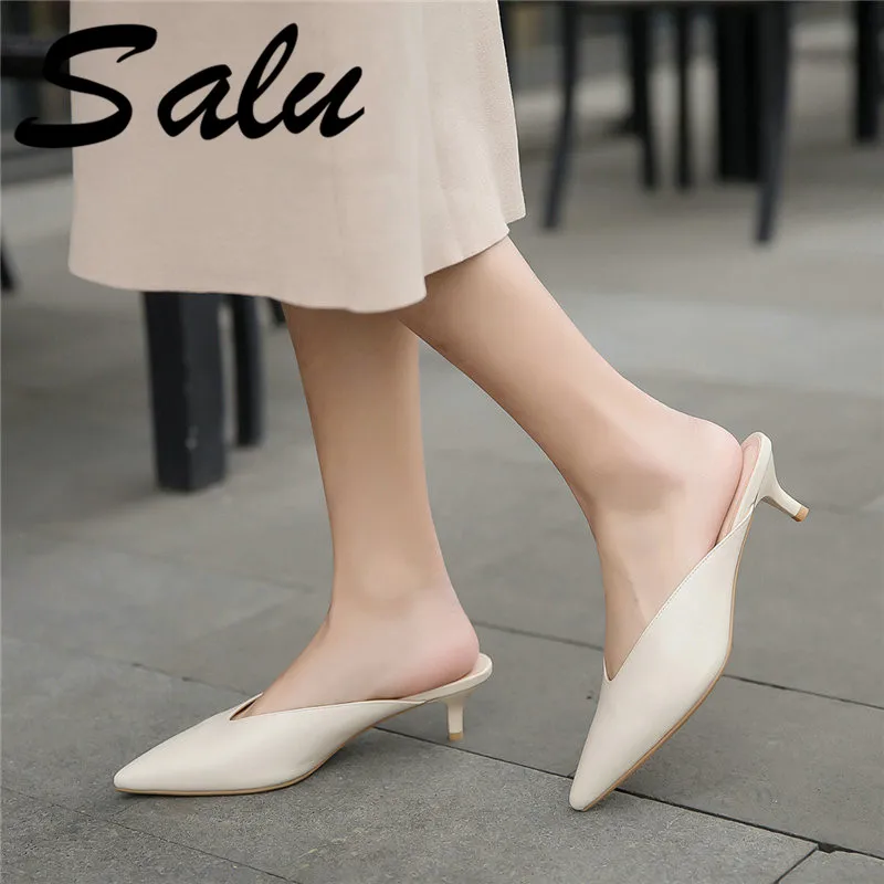 

Salu 2019 Spring Summer New Solid Concise Sandals Mature Elegant Convenient Cow Leather Band Slip-on Shoes for Office Lady
