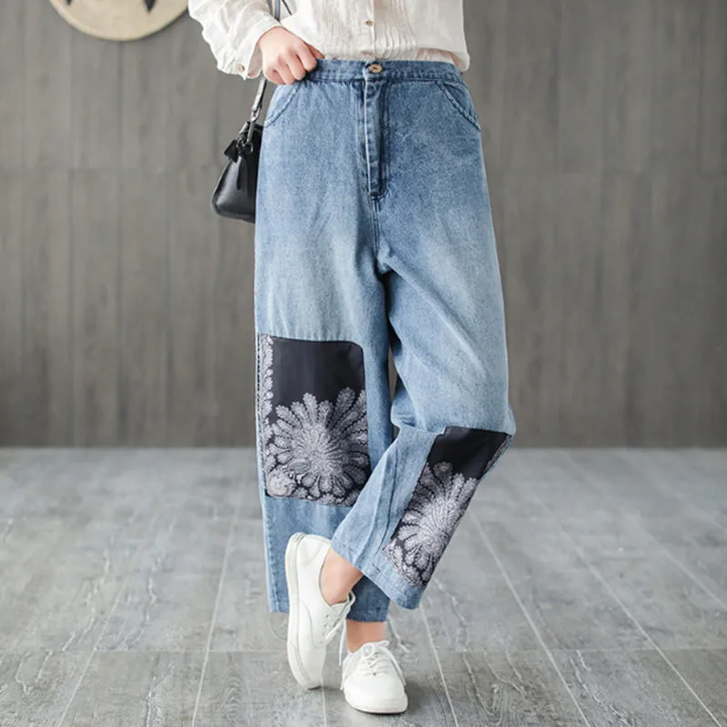 Johnature Весна Винтажный стиль хлопок широкие брюки аппликация сплайсированные карманы Свободные молнии Fly Средний смягчитель для женщин джинсы