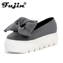 fujin 2017 Autumn spring moccasin womens flats Fashion creepers shoes Bow lady flats loafers Ladies Slip On Platform 5CM Shoes