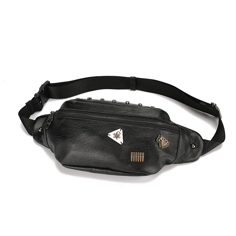 Black Waist Pack Повседневные поясные сумки для мужчин, индивидуальная нагрудная сумка в стиле панк для мотоциклистов, Мужская поясная сумка из искусственной кожи, трендовая сумка на плечо в стиле хип-хоп - Цвет: Black Waist Pack