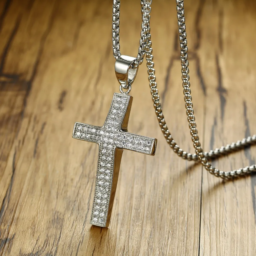 Men's 3D Arc CZ Stone Pave Set Cross Pendant Necklace for Men Stainless Steel Crucifix Hip Hop Male Jewelry 24" Chain