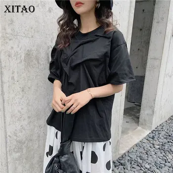 

XITAO Pleated Black T Shirt Women Korea Fashion O Neck Wild Joker Pullover Short Sleeve Elegant 2019 Summer Casual WLD1632