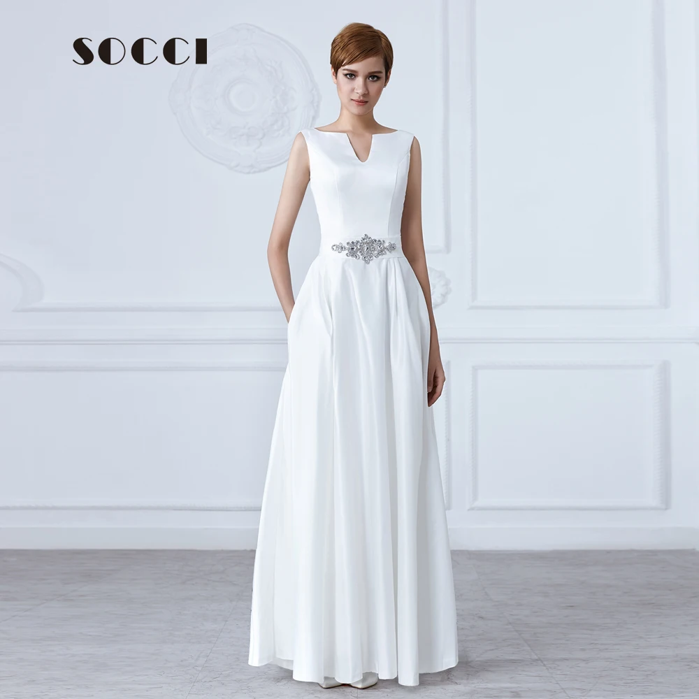 Белые Длинные свадебные платья без рукавов с v образным вырезом и кристаллами