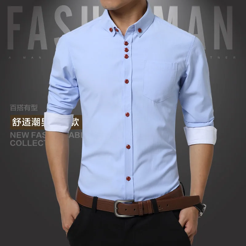 Летняя мужская рубашка, хлопок, одноцветная Повседневная рубашка, мужская приталенная рубашка размера плюс с длинным рукавом, стильная модная рубашка размера плюс M-5XL
