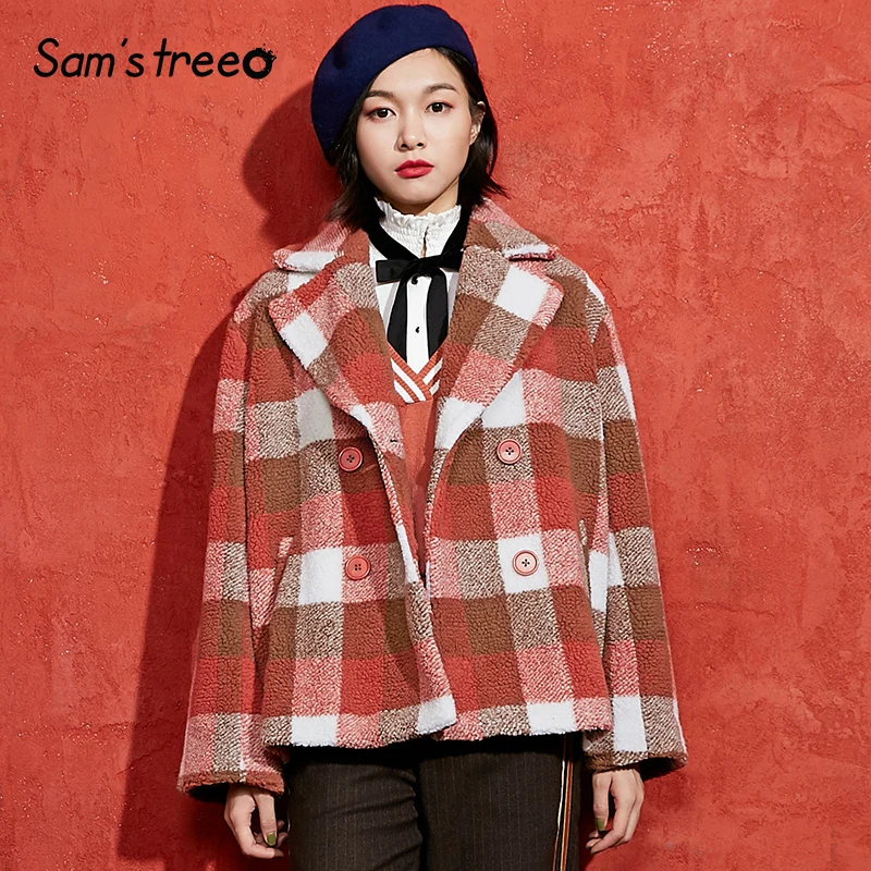 Samstree, зимнее женское короткое пальто, элегантный дизайн, Женское пальто, двубортное, в клетку, с отложным воротником, женское короткое пальто, верхняя одежда