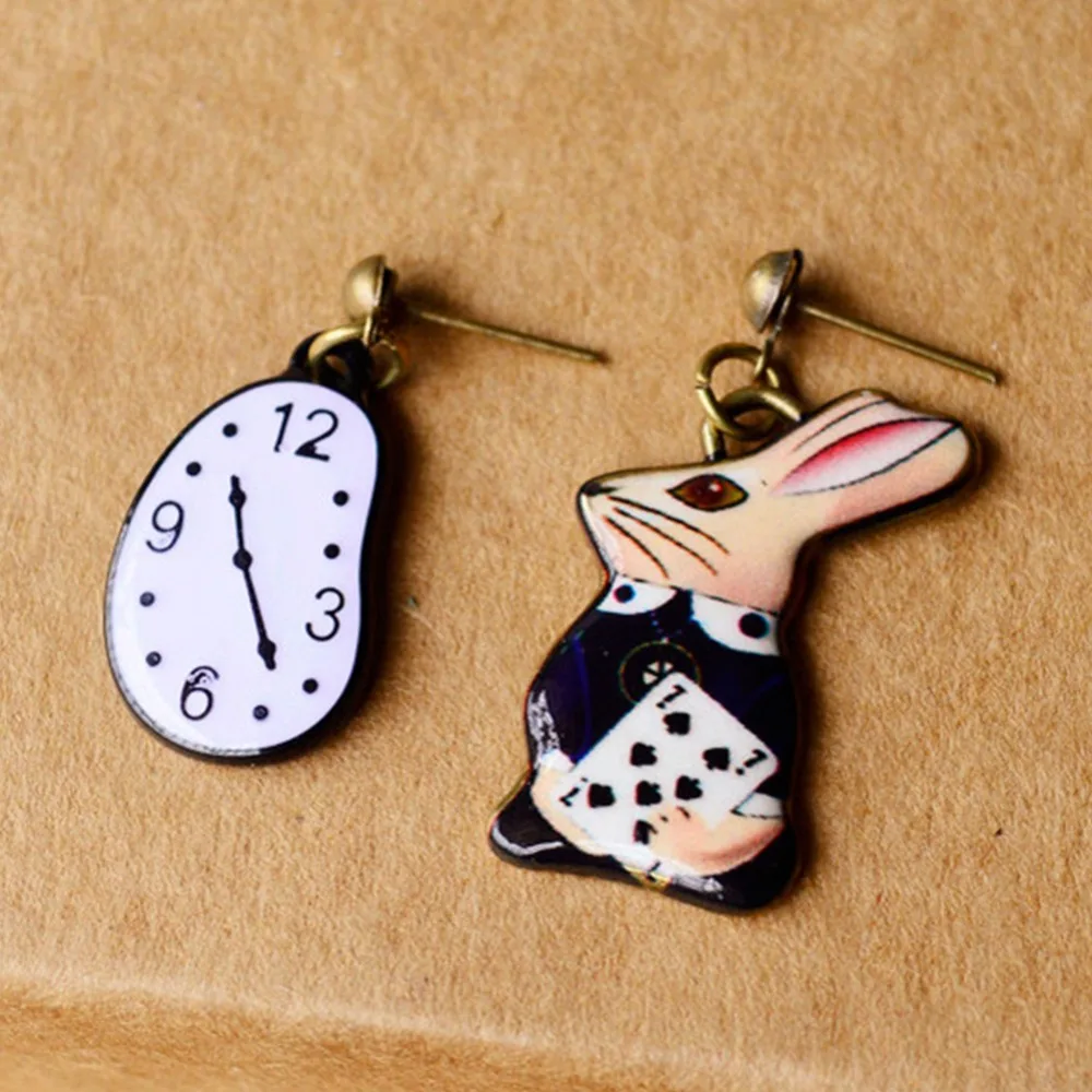 

1 pair new hot sale asymmetry cute fantasy girl Alice in Wonderland watch rabbit enamel Brooch Earrings #273424