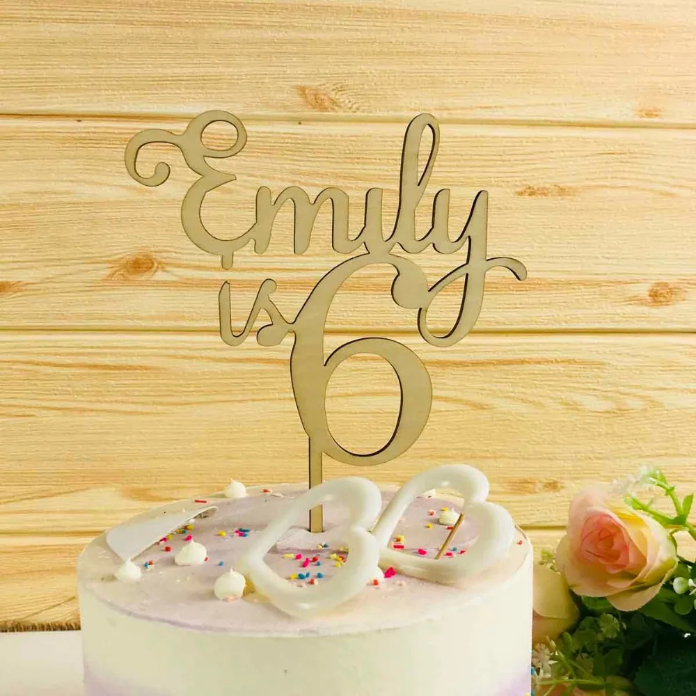 Custom Name Number Happy Birthday Cake Topper Personalized Gifts Children's Birthday Glitter Wood Cake Topper Party Decorations Supplies (5)