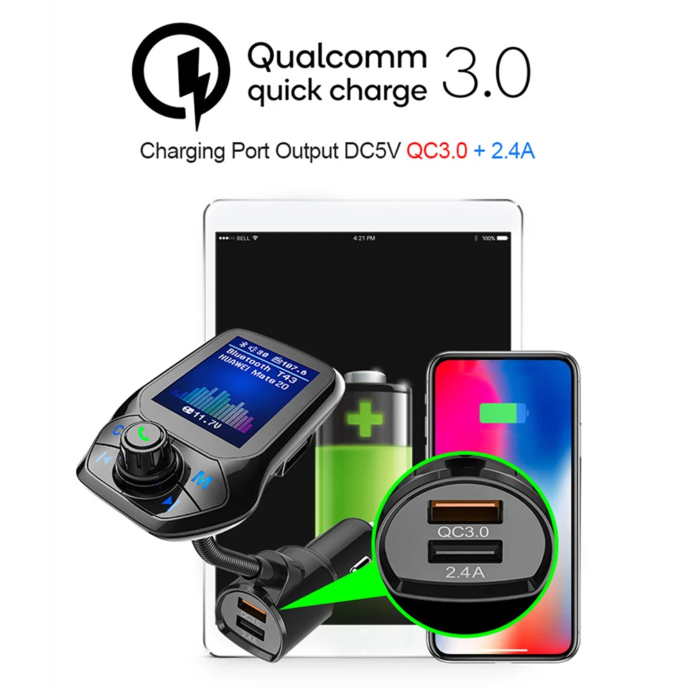 Dual USB быстрый автомобиль Зарядное устройство быстро с QC3.0 T43 Bluetooth fm-передатчик ЖК-дисплей Дисплей игрок автомобиля Комплект карт 12/24 V