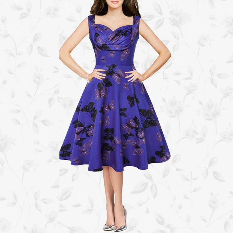 Бабочка Печати Сердце Декольте Ремни Старинные Dress женская Flared Dress