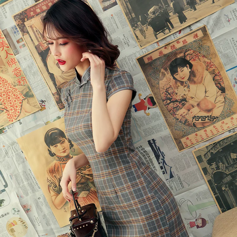 Клетчатый узор Современный короткий рукав дешевые qipao для женщин cheongsams