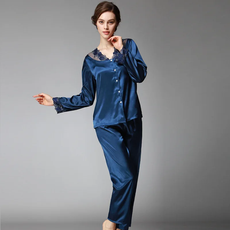 Navy blue Somen's пижамы шелковые Сатиновые пижамы для сна Дамская Весенняя рубашка с длинными рукавами+ брюки домашняя одежда для отдыха кружевной пижамный комплект - Цвет: Navy blue