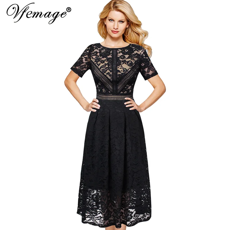 Nice-forever Retro Elegant Lace Patchwork with Sash vestidos Party Women Flare A-line Autumn Dress A182