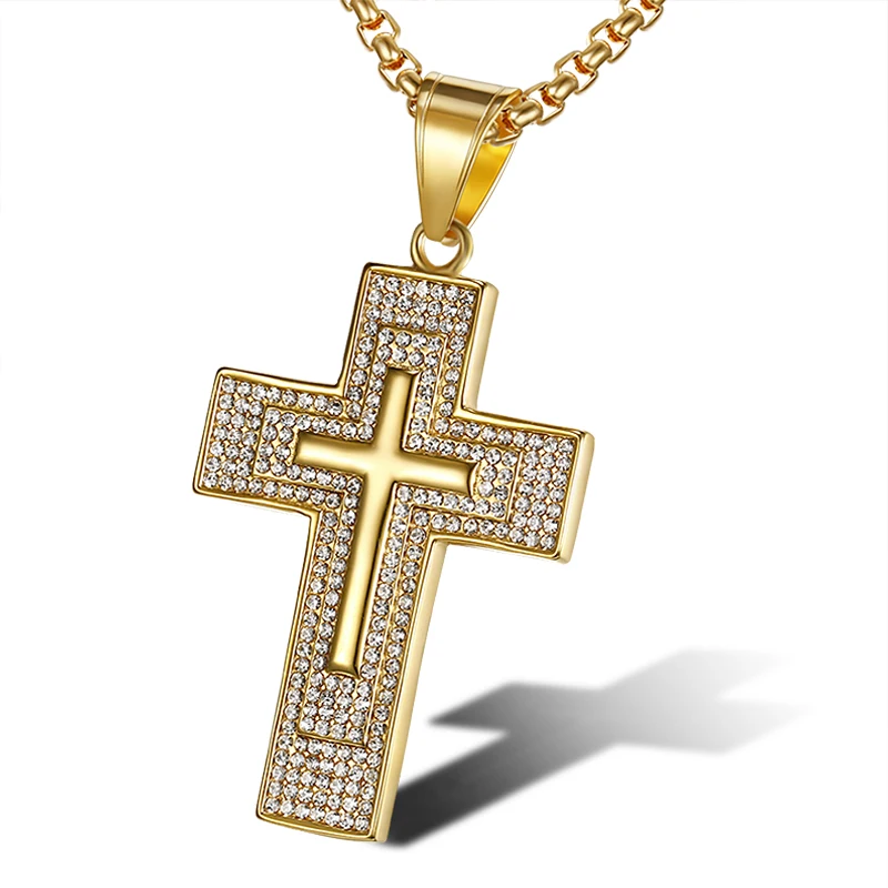 

Hip Hop Iced Out Bling Christian Male Gold Color Stainless Steel Cross Pendants Necklaces for Men Jewelry Christmas Gifts