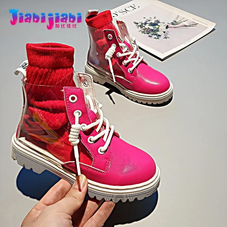 

Children Boots 3-12T Autumn Boys Girl Fashion Riding Boots Toddler Kids Hight Cut Casual Shoes Transparent Sock Ankle Boots 9333