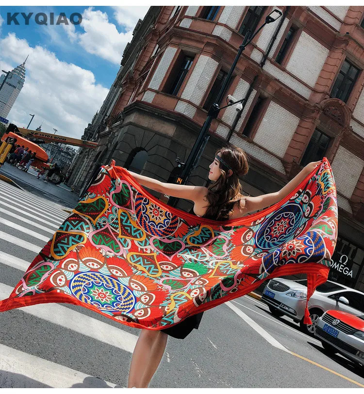 

KYQIAO Vintage design head scarf women autumn winter Mexico style hippie designer long printed neck scarf foreign orders
