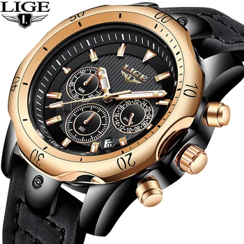 

LIGE Mens Watches Brand Luxury Quartz Watch Men Leather Military Sports Waterproof Luminous Clock Chronograph Relogio Masculino