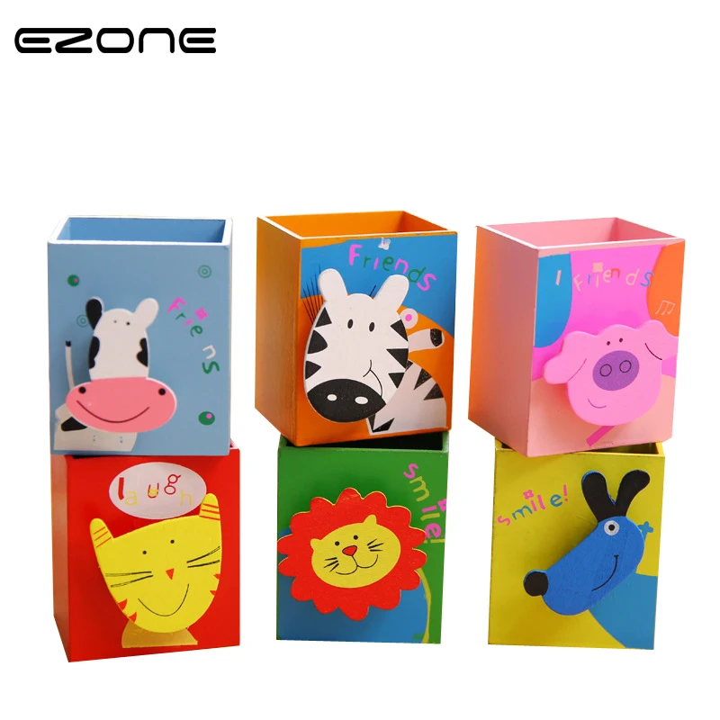 

EZONE 1PC Wooden Cartoon Pen Holder Cute Animal Pen Box Students Study Supplies Gifts Desk Organizer kawaii School Stationery