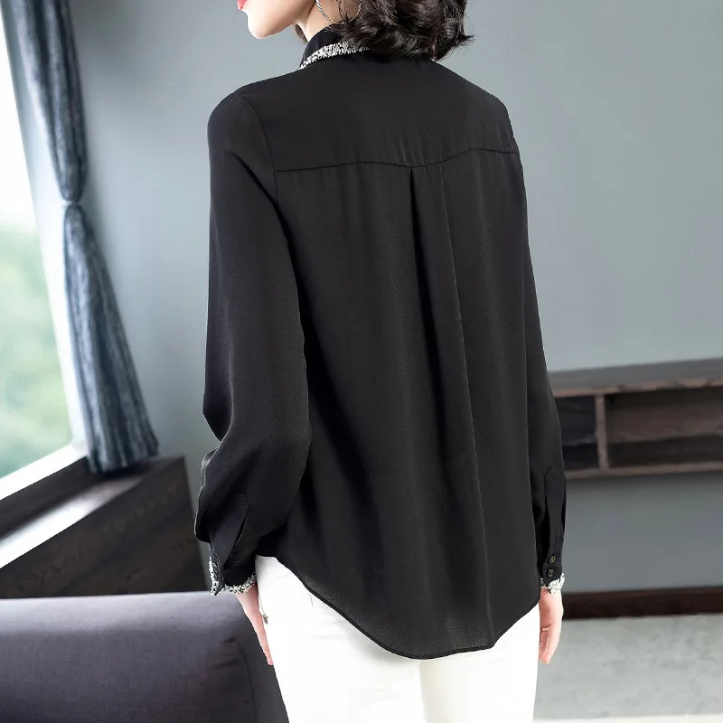 Blusas Весенняя модная офисная Рабочая рубашка для женщин с отложным воротником с аппликацией и кисточками в стиле пэчворк с длинным рукавом черная шифоновая рубашка