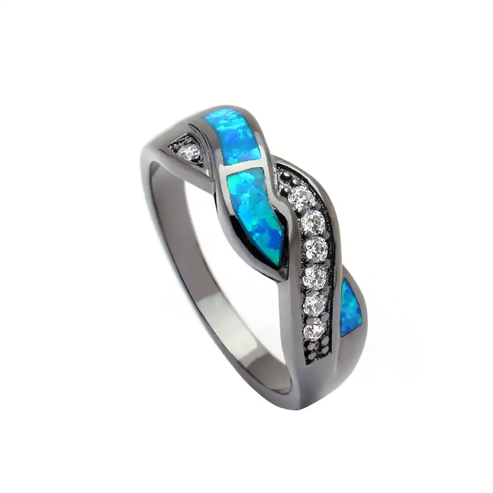 Vintage Black Gun Plated Wave Blue Opal Rings For Women Wholesale