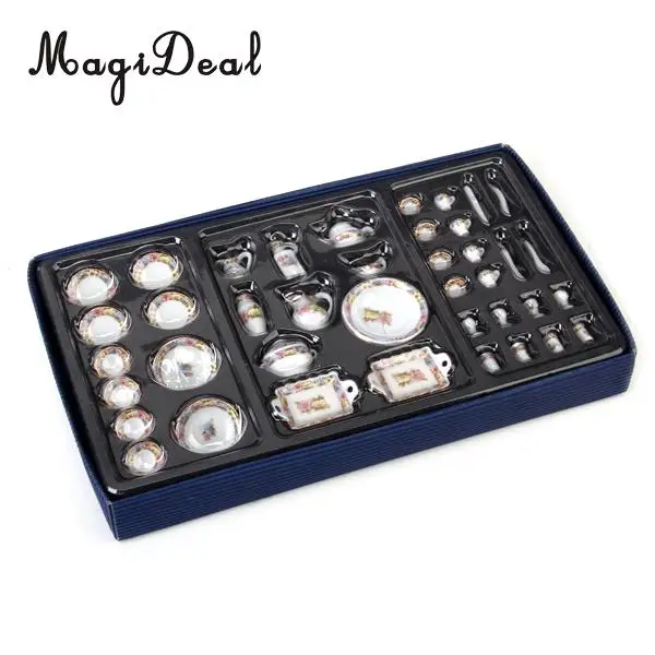 MagiDeal Hot Sale 40Pcs/Set Dollhouse Miniature Dining Ware Porcelain Tea Set Dish Plate Flowers Children Pretend Play Toys