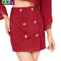 Осенняя Вельветовая красная юбка женская с высокой талией Вельветовая юбка комплект с двойной пуговицей Женская линия оболочка низ