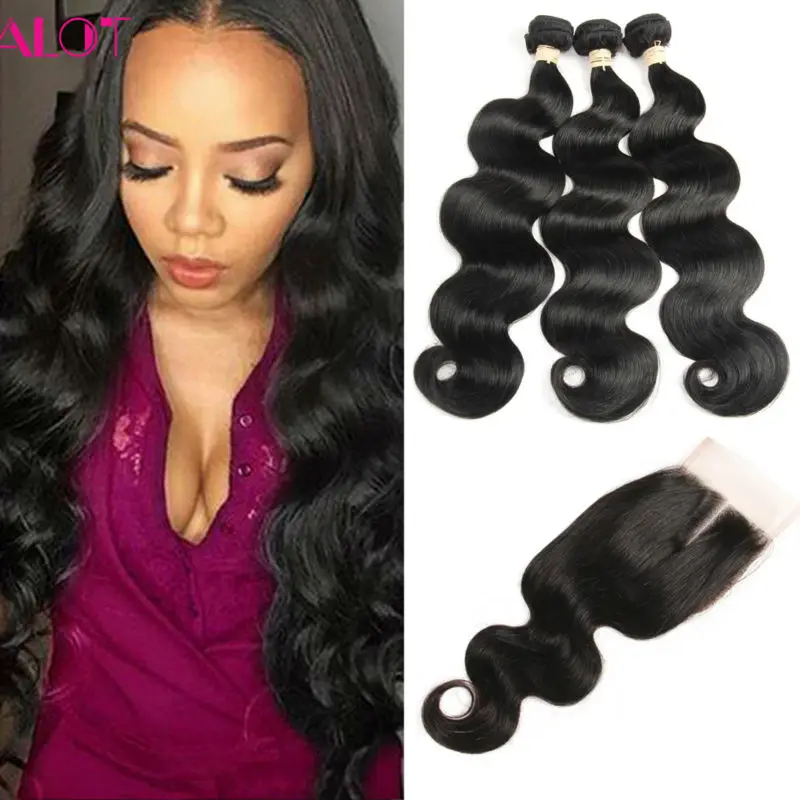 8A Brazilian Virgin Hair Body Wave With Closure Human Hair Weave Bundles With Closure 3 Bundles Brazilian Body Wave With Closure