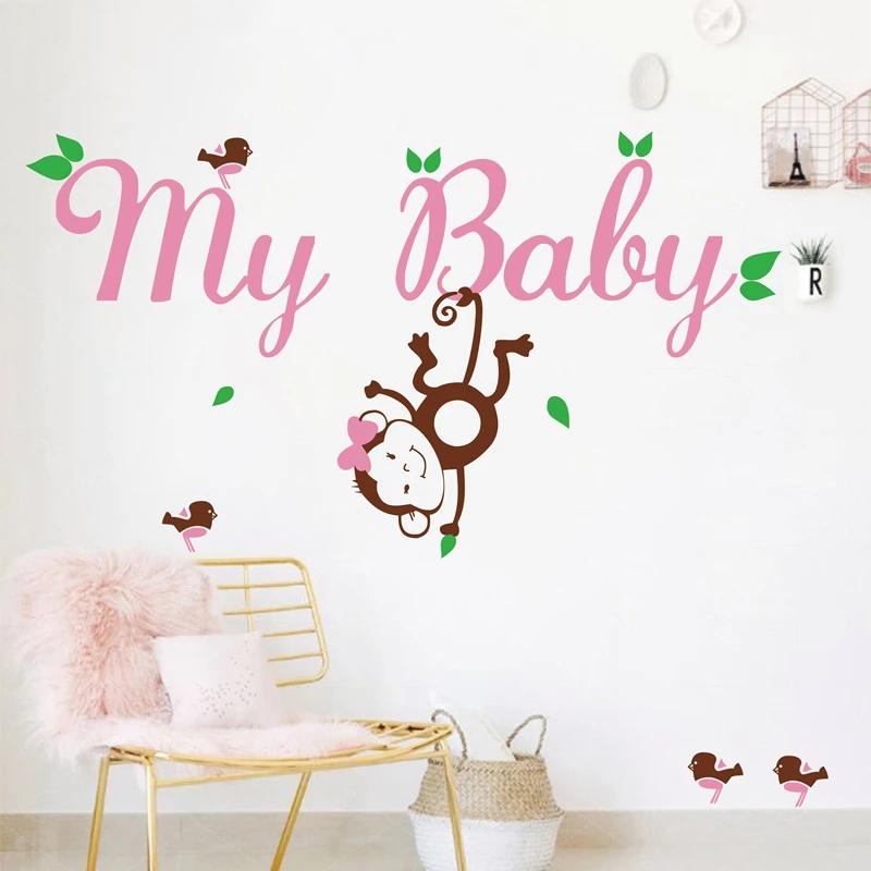 Mignon Fait Main Personnalise Oiseaux Singe Avec Personnalise Bebe Fille Nom Vinyle Stickers Muraux Pour Bebe Fille Pepiniere Decoration Murale Aliexpress
