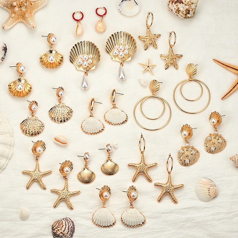 

AOMU New Fashion Matte Sea Shell Starfish Pearl Geometric Hollow Round Circle Big Drop Earring For Women Ocean Beach Boho Jewely