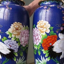 Китайский Дворец Медь Позолотить перегородчатой красный венценосный журавль Банку горшок ваза Пара 8.02