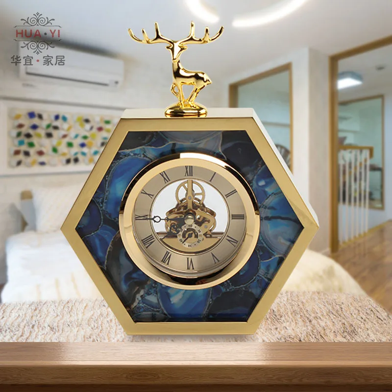 

Europe Originality Hexagon Desk clock Deer Home Decoration High quality Metal Table clocks Drawing room Bedroom Mute Table Clock